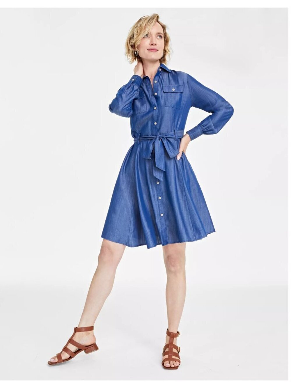On 34th Shirt Dress Plus Size 2X Blue Chambray Belted Pockets Lyocell Workwear